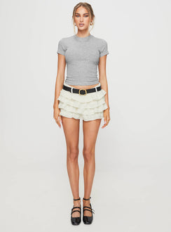 side view of model wearing Princess Polly Silvie Top Grey Short Sleeves High Neck 