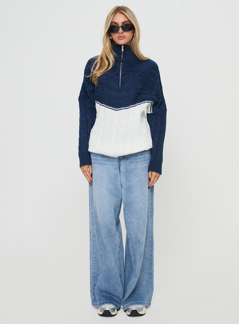 front view of model wearing Princess Polly San Seb Quarter Zip Sweater Navy / Cream regular 