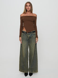 front view of model wearing Princess Polly Endellion Off Shoulder Long Sleeve Top Chocolate Full Sleeves straight 