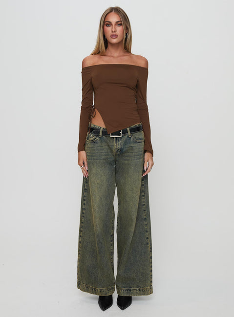 front view of model wearing Princess Polly Endellion Off Shoulder Long Sleeve Top Chocolate Full Sleeves straight 