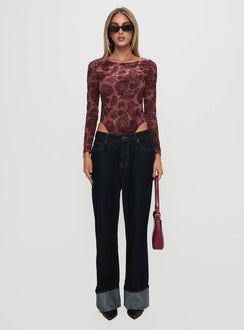 front view of model wearing Princess Polly Spruce Bodysuit Red Paisley Long Sleeve Tops 