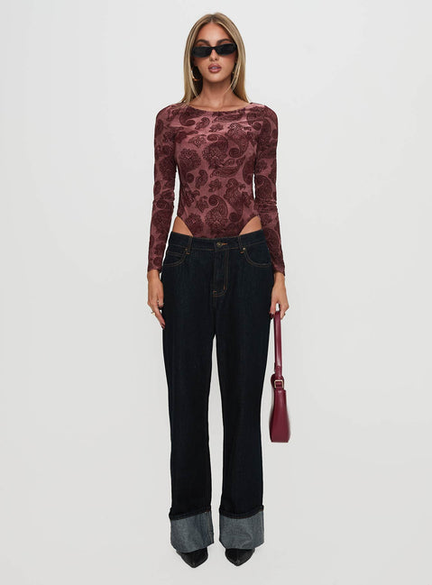 front view of model wearing Princess Polly Spruce Bodysuit Red Paisley Long Sleeve Tops 