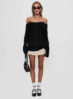 front view of model wearing Princess Polly Snowie Off Shoulder Knit Sweater Black Long 