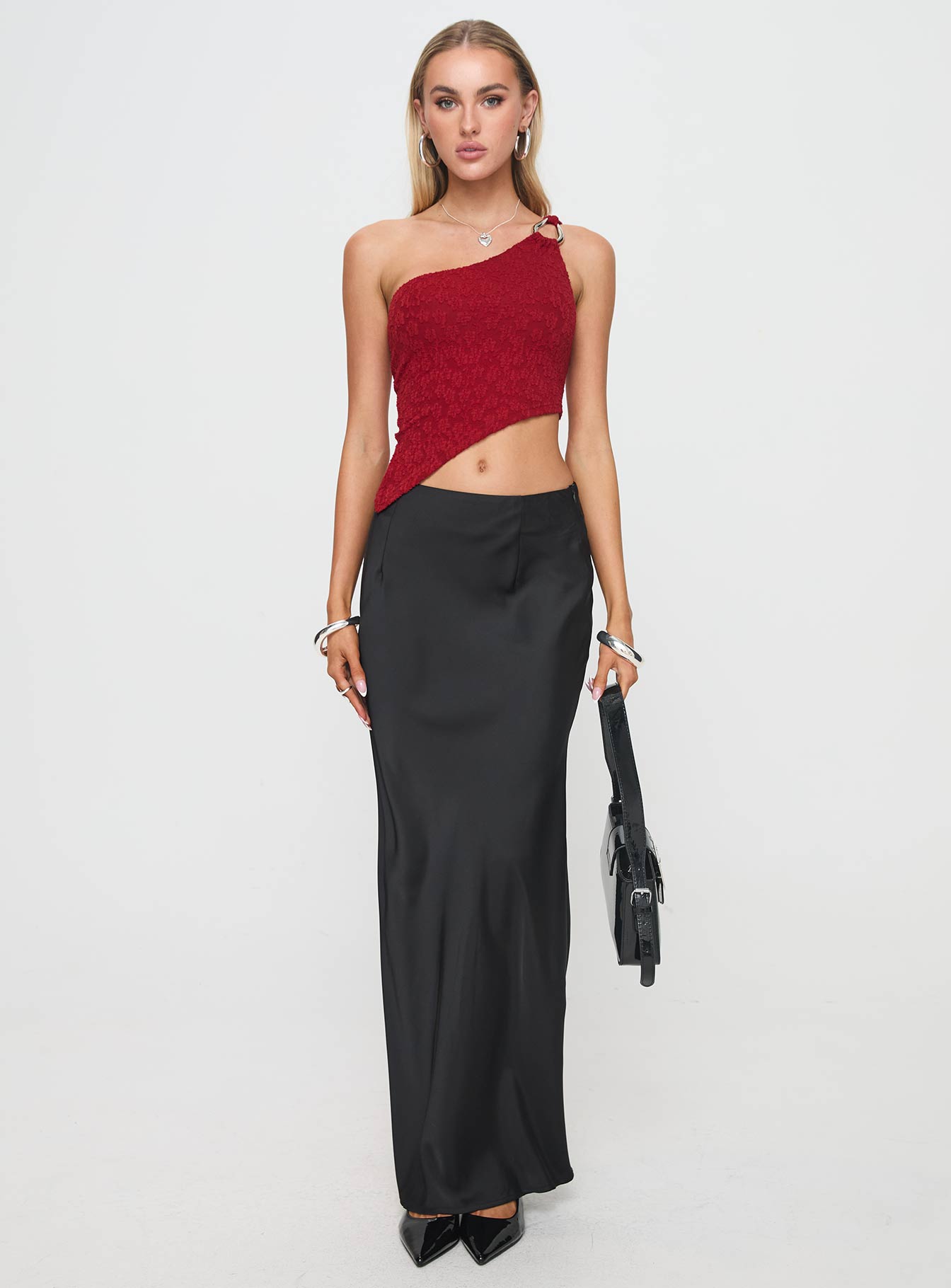front view of model wearing Princess Polly Toomba One Shoulder Top Blurred Lace Red Sleeveless Asymmetric Neckline 