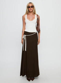   side view of model wearing Princess Polly Keirah Contrast Wrap Maxi Skirt Chocolate / White Maxi 