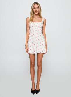 front view of model wearing Princess Polly Lynsea Mini Dress Cream Floral Square Neck 