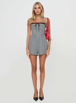 Romper Gingham print, adjustable straps,  lace trim detail, invisible zip fastening Non-stretch material, fully lined 