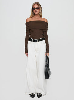 front view of model wearing Princess Polly Spoilt Off The Shoulder Bodysuit Brown Long Sleeve Tops 