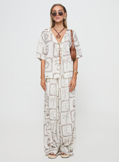 back view of model wearing Princess Polly Sun Dream Pants Cream / Multi High Waisted Pants 