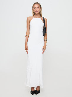 front view of model wearing Princess Polly Just Peachy Maxi Dress White Crew Neck 