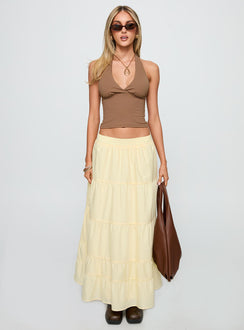 back view of model wearing Princess Polly Garden Party Maxi Skirt Lemon Maxi 