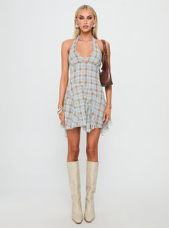 Valorie Halter Mini Dress Blue Check