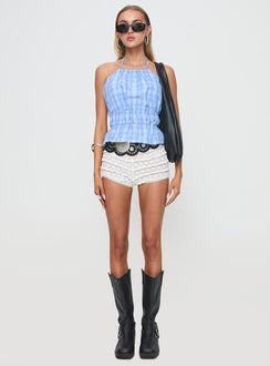 front view of model wearing Princess Polly Havenbrook High Neck Top Blue Sleeveless Crew Neck 