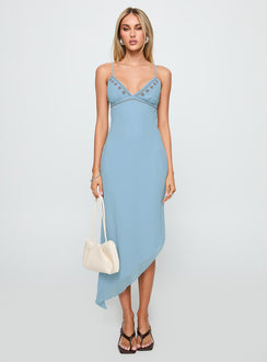 front view of model wearing Princess Polly Fleuretta Embroidered Midi Dress Blue / Brown Plunger 