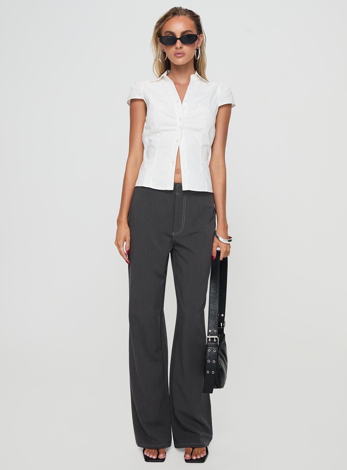 front view of model wearing Princess Polly Vacke Pants Grey Mid Rise 