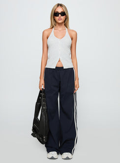 front view of model wearing Princess Polly Suzu Knit Halter Top Grey Sleeveless V-Neck 