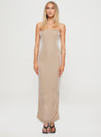 front view of model wearing Princess Polly Samper Strapless Maxi Dress Champagne Straight Neck 