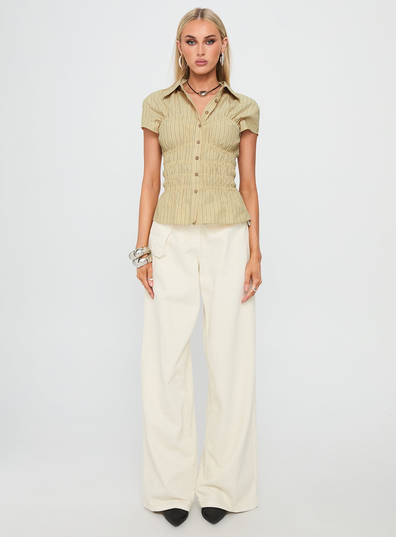 Liesel Shirred Short Sleeve Top Butter Stripe