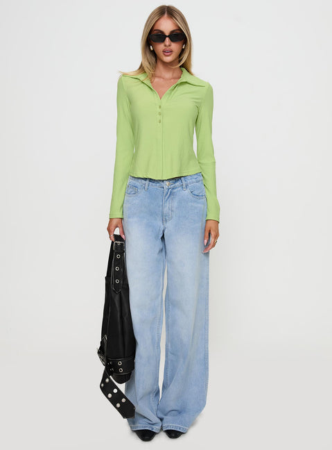 back view of model wearing Princess Polly Echoes Long Sleeve Top Green Full Sleeves V-Neck 