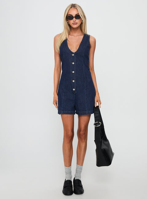 Arcore Button Up Denim Playsuit Dark Wash