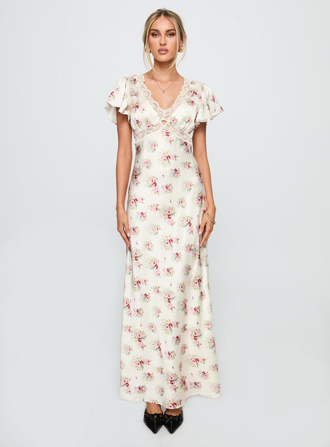front view of model wearing Princess Polly Miraselle Maxi Dress Cream Floral V-Neck 