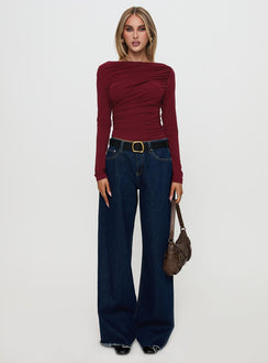 back view of model wearing Princess Polly Amberlyn Long Sleeve Ruched Top Burgundy Full Sleeves Boat Neck 