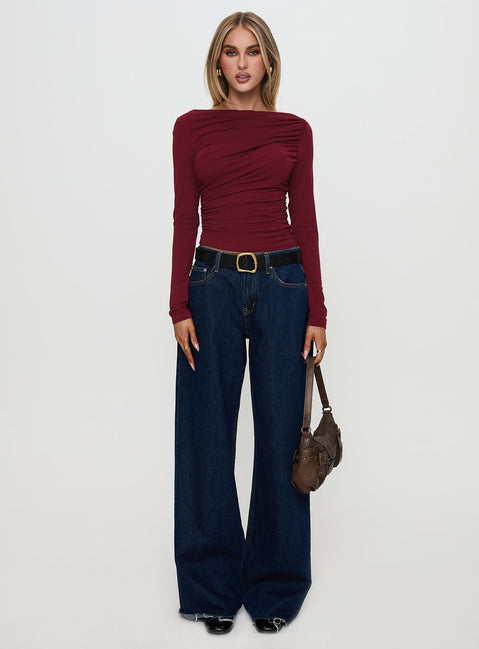back view of model wearing Princess Polly Amberlyn Long Sleeve Ruched Top Burgundy Full Sleeves Boat Neck 