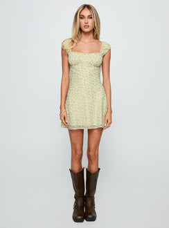 front view of model wearing Princess Polly Seyani Mini Dress Yellow Sweetheart Neckline 