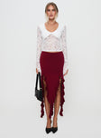   side view of model wearing Princess Polly Peachey Asymmetric Ruffle Midi Skirt Burgundy Midi Skirts 