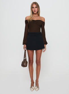 side view of model wearing Princess Polly Babette Off The Shoulder Bodysuit Brown Long Sleeve Tops 