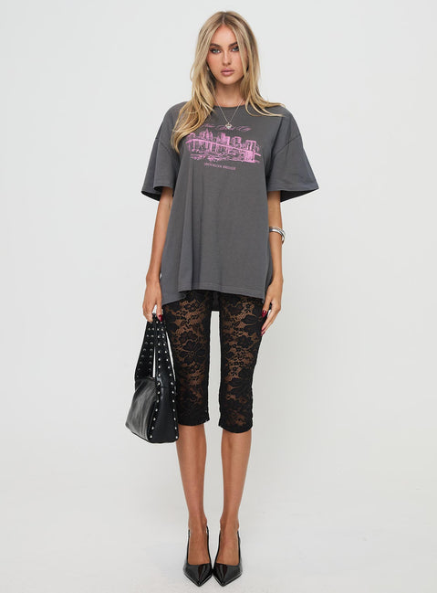 front view of model wearing Princess Polly Brooklyn Bridge Tee Black Half Sleeves Crew Neck 