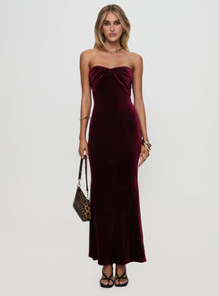 front view of model wearing Princess Polly Irena Strapless Maxi Dress Burgundy Sweetheart Neckline 