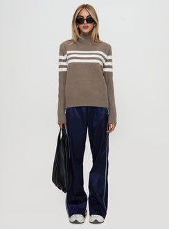 front view of model wearing Princess Polly Bessemer Funnel Neck Knit Sweater Mocha Stripe Long 