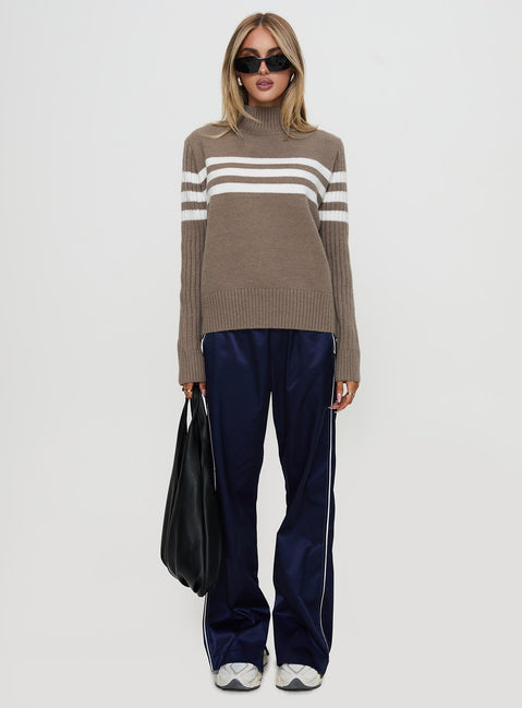 front view of model wearing Princess Polly Bessemer Funnel Neck Knit Sweater Mocha Stripe Long 