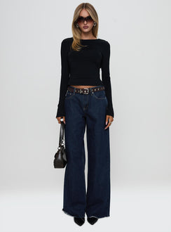 front view of model wearing Princess Polly Harpur Long Sleeve Backless Top Black Full Sleeves Crew Neck 