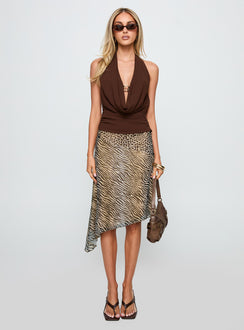 front view of model wearing Princess Polly Treat You Better Plunge Hardware Detail Top Chocolate Sleeveless Cowl 