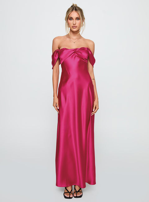 side view of model wearing Princess Polly Live For You Off The Shoulder Maxi Dress Hot Pink Sweetheart Neckline 