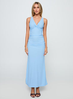 front view of model wearing Princess Polly Mesmerise Halter Maxi Dress Blue Plunger 