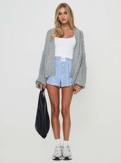 front view of model wearing Princess Polly Abner Cable Cardigan Light Grey 