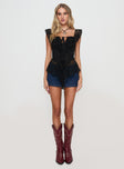 front view of model wearing Princess Polly Francia Frill Top Black Short Sleeves Square Neck 