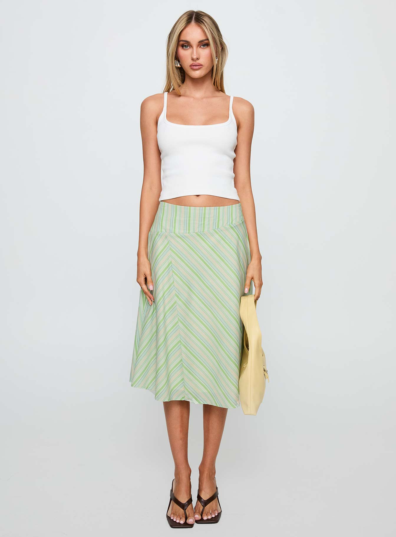   front view of model wearing Princess Polly Vettie Midi Skirt Green Multi Midi Skirts 