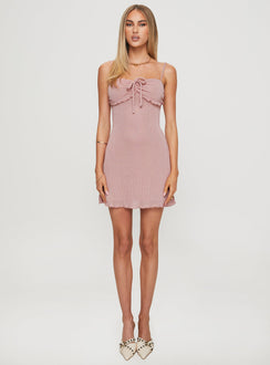 front view of model wearing Princess Polly Cipher Mini Dress Pink Square Neck 