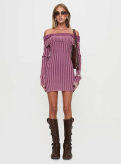 front view of model wearing Princess Polly Kalesie Long Sleeve Rib Mini Dress Pink Straight Neck 