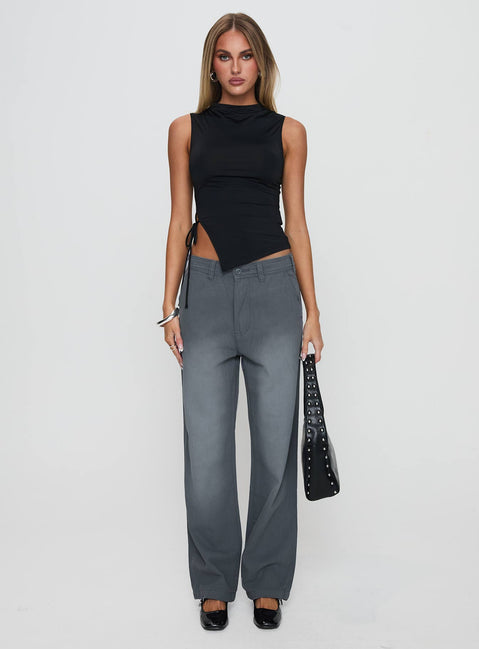 front view of model wearing Princess Polly Solarah Tie Side Top Black Sleeveless High Neck 