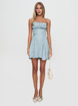 side view of model wearing Princess Polly Bluebird Jacquard Mini Dress Blue Square Neck 