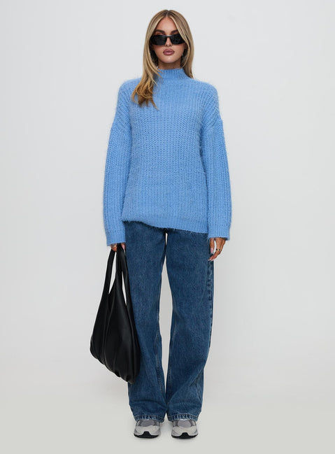 side view of model wearing Princess Polly Gavelston Crew Neck Waffle Sweater Blue Long 