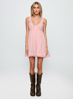 side view of model wearing Princess Polly Nelty Mini Dress Pink Plunger 