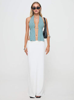 front view of model wearing Princess Polly Kamirie Top Blue Sleeveless Plunger 