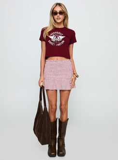 side view of model wearing Princess Polly Aerosmith Vintage Graphic Top Burgundy Short Sleeves Crew Neck 