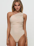 front view of model wearing Princess Polly Heston Asymmetrical Ruched Bodysuit Beige Sleeveless 